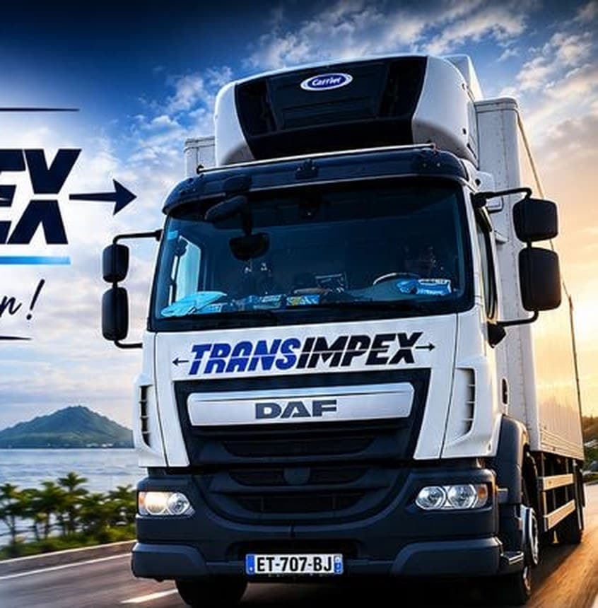 Camion TRANSIMPEX roulant entre les palmiers en Guyane